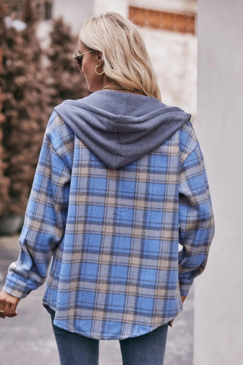 Plaid shacket, hoodie, drawstring, long sleeve, drop shoulder, buttoned, front patch pocket, pleated and buttoned cuffs, rounded hem, unlined, lightweight, no stretch, back view