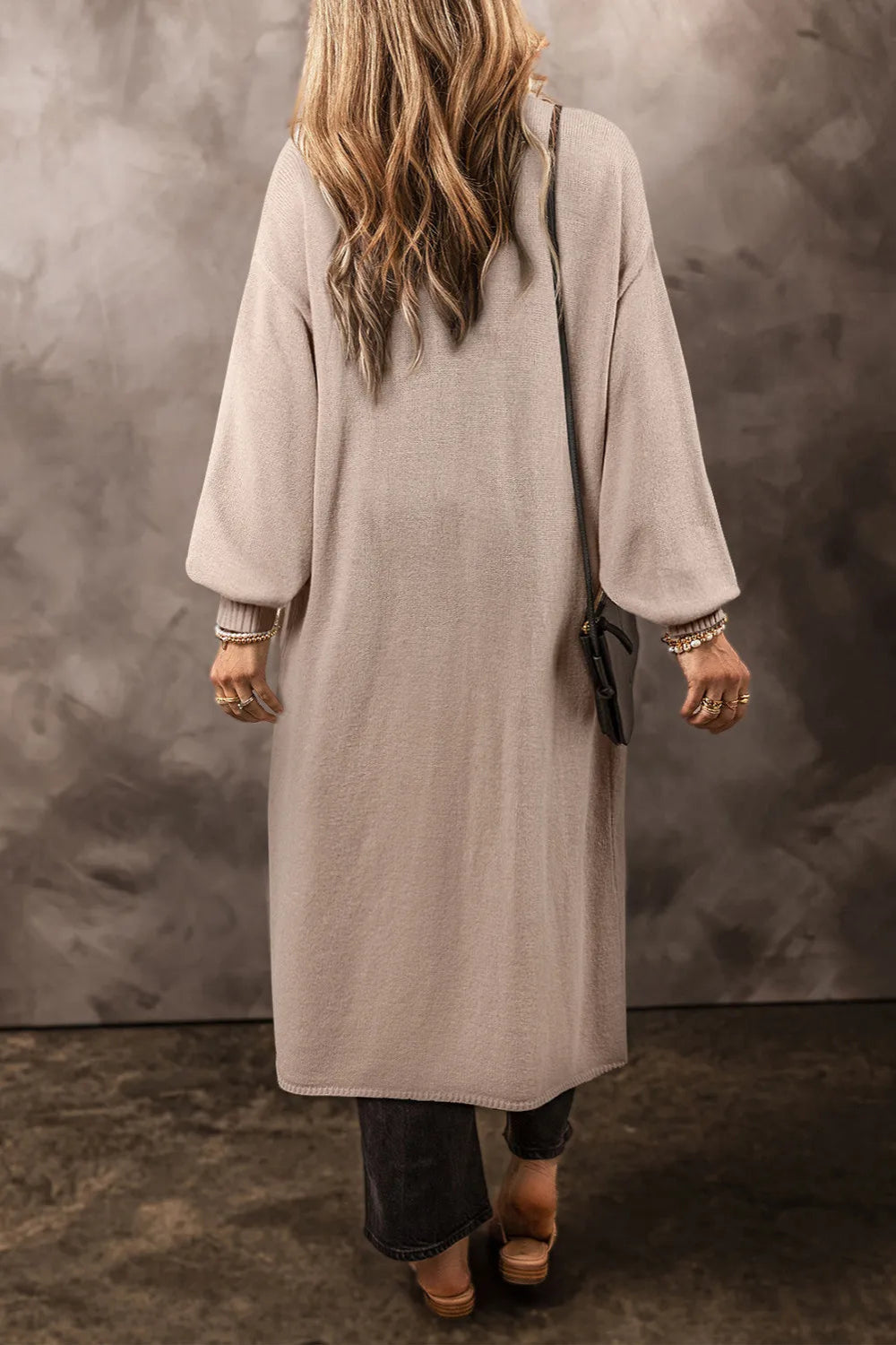 Cardigan, open front, long, pocketed, no buttons, drop shoulder, long sleeve, stretchy back view
