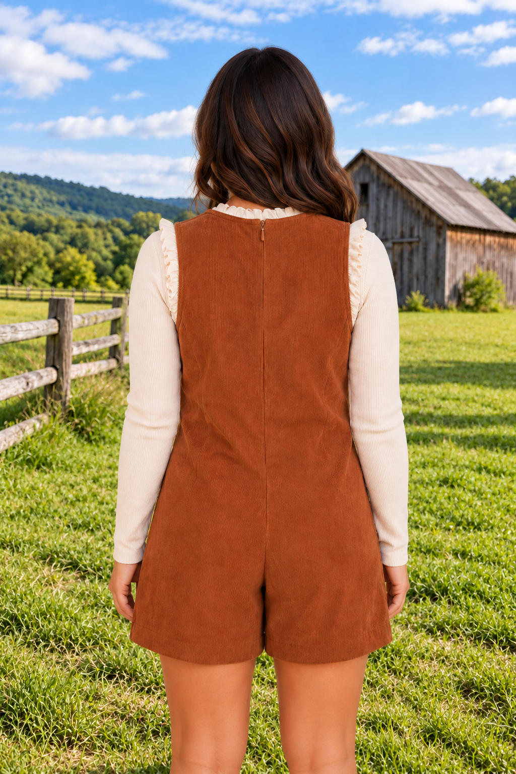 Back view of the As You Were Romper in rust brown corduroy with a tie V-neck, back zipper, pleated details, and side pockets.