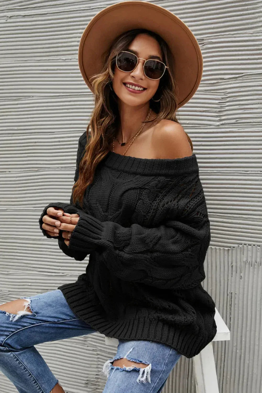 Sweater, pullover, long sleeve, off-shoulder, drop sleeve, cable knit, openwork, oversized, stretchy, front view
