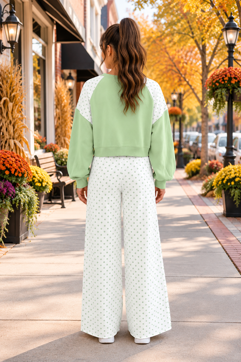 Social Club Pant Set with a light green cropped sweatshirt, polka-dot shoulder panels, and matching wide-leg drawstring pants back view.