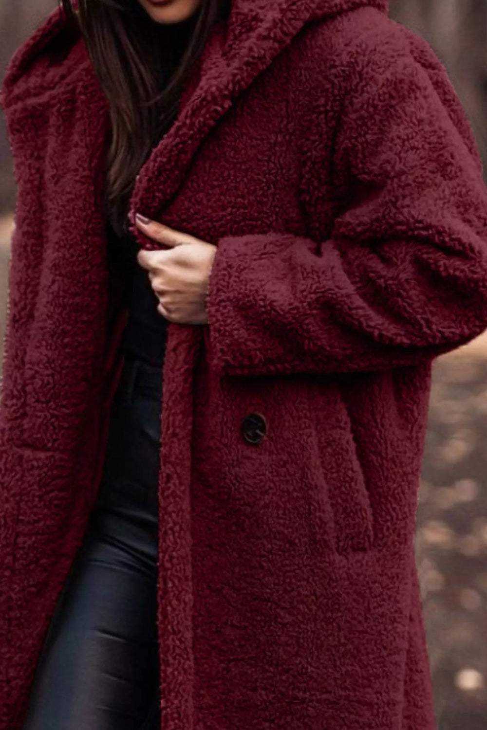 coat, longline, lined, hooded, buttoned, pocketed, thick, oversized, slightly stretchy, close up view