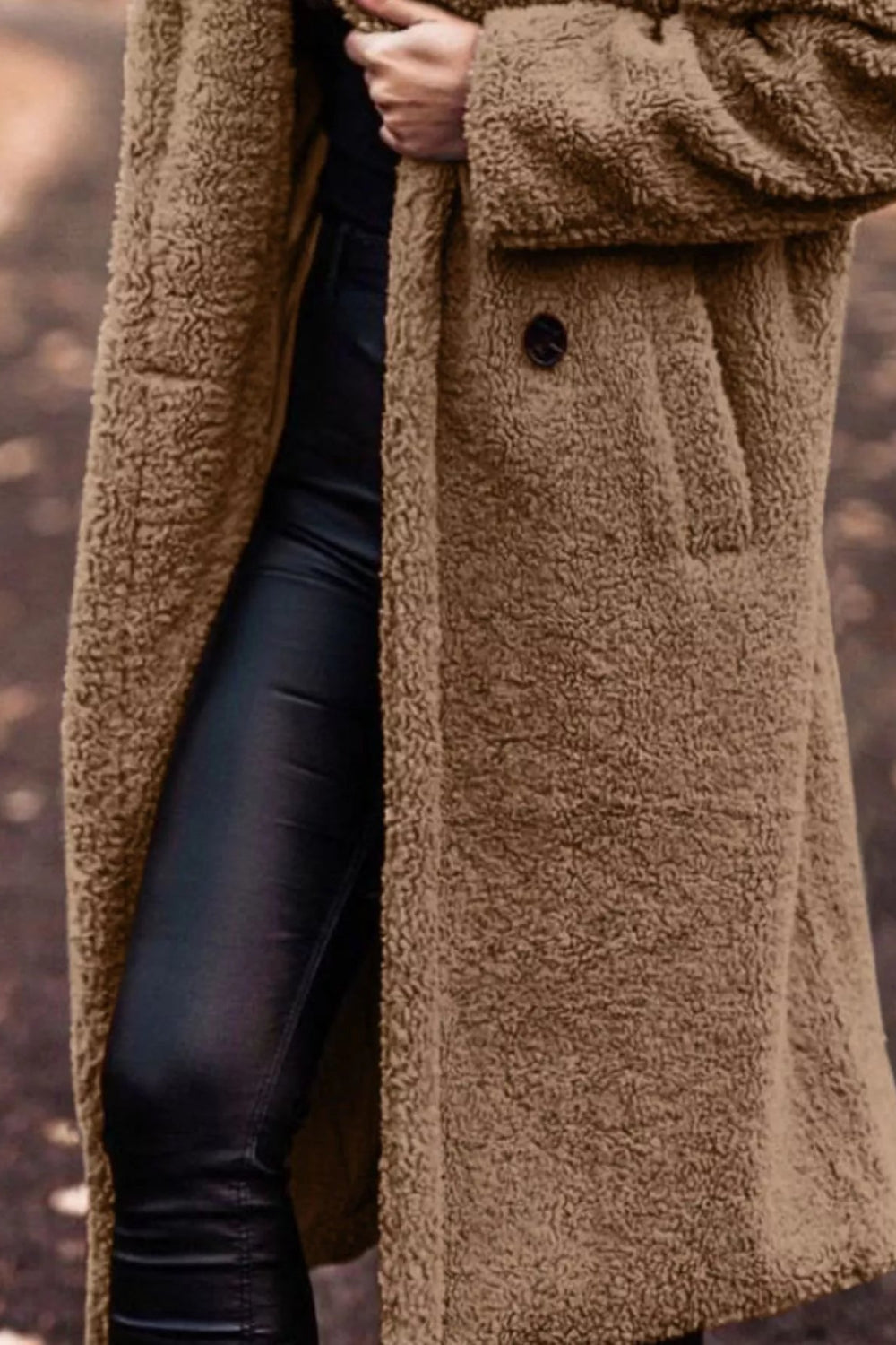 coat, longline, lined, hooded, buttoned, pocketed, thick, oversized, slightly stretchy, front view