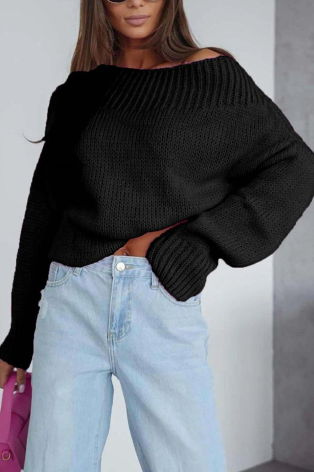 Sweater, pullover, long sleeve, boat neck, oversized, ribbed neck and cuffs, slightly stretchy front view