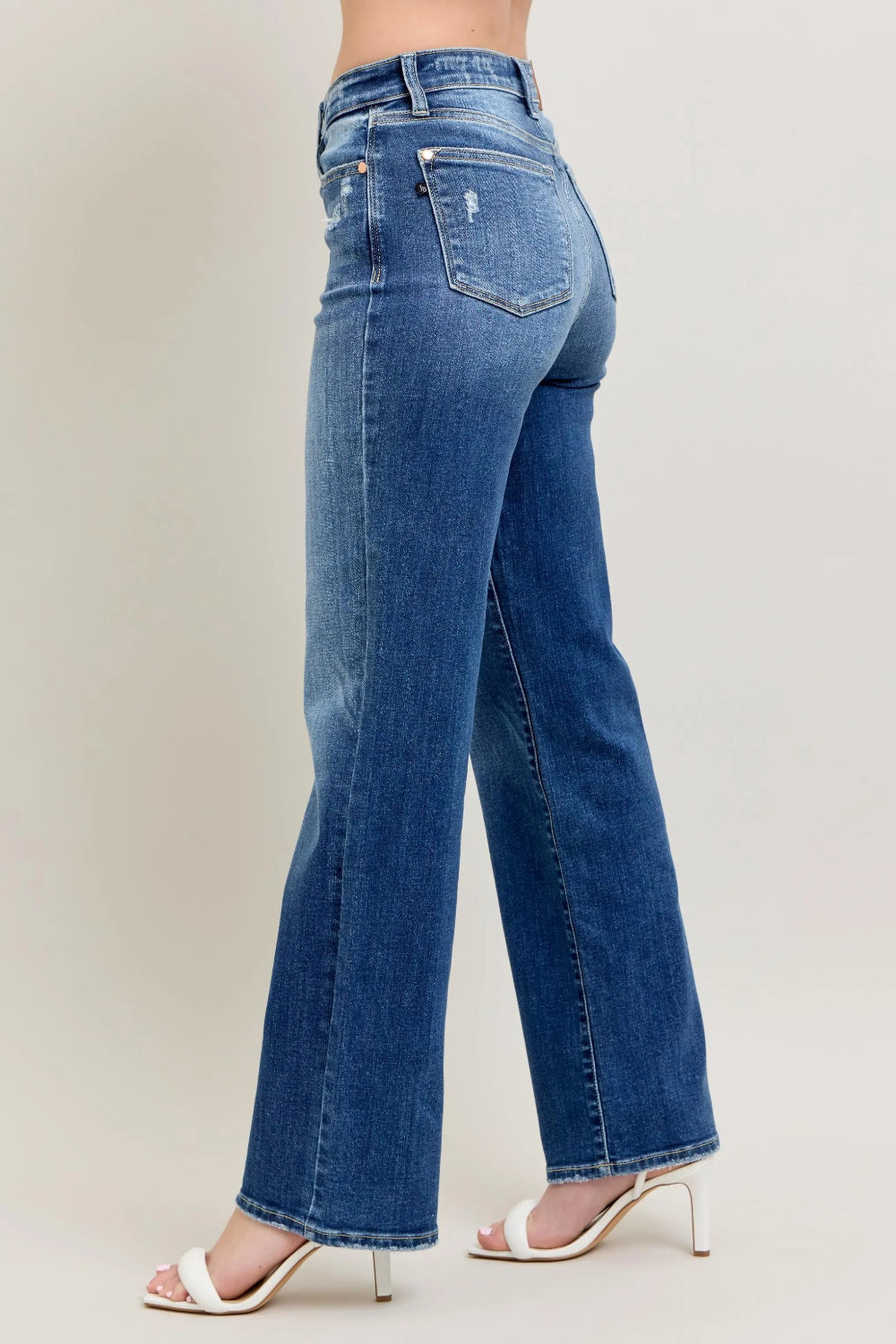 Judy Blue Jeans, full-size, high-rise, pocketed, button and zipper closure, 90's straight leg, distressed, stretchy, side view