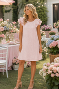 * Pullover
* Square neck
* Flutter sleeves
* Back bow
* Pocketed
* Ruffled
* Textured
* Unlined
* No stretch