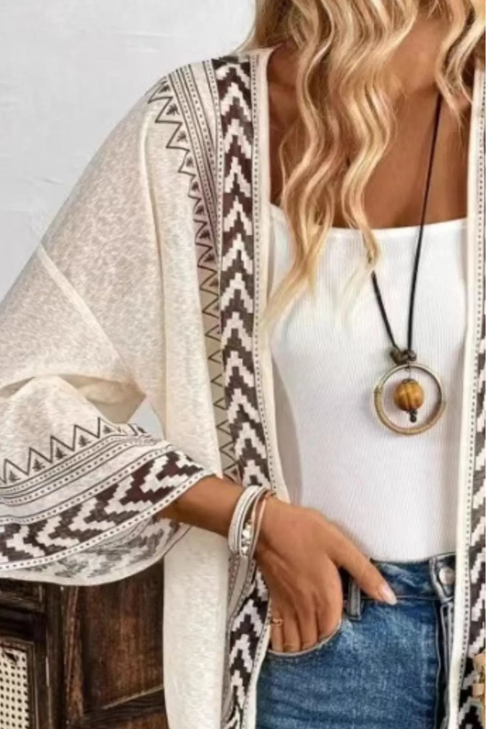 Cardigan, open front, wide sleeve, drop shoulder, sheer, geometric print, sits below the waist, no stretch front view
