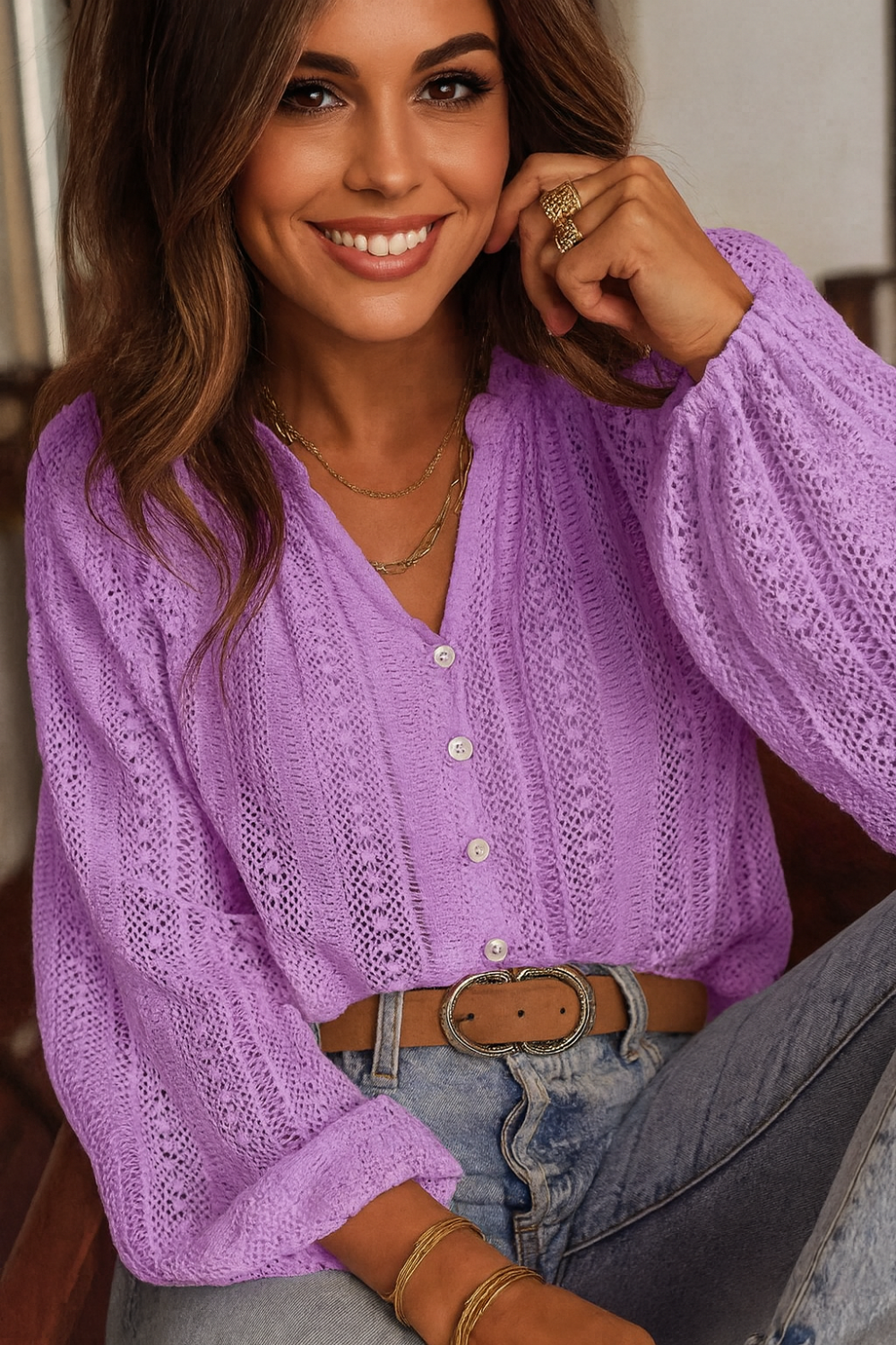Shirt, long sleeve, crochet, ruffled v-neck, buttoned, unlined, slightly stretchy, front view