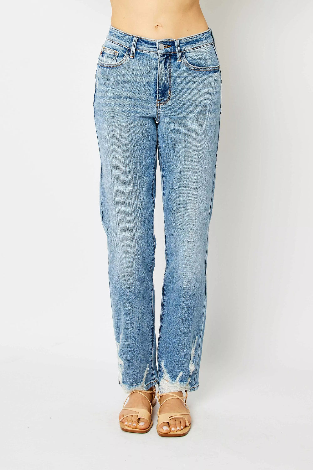 Judy Blue Jeans, full-size, high-rise, pocketed, belt loops, button/zipper closure, medium wash, straight leg, destroyed, raw hem, slightly stretchy, front view
