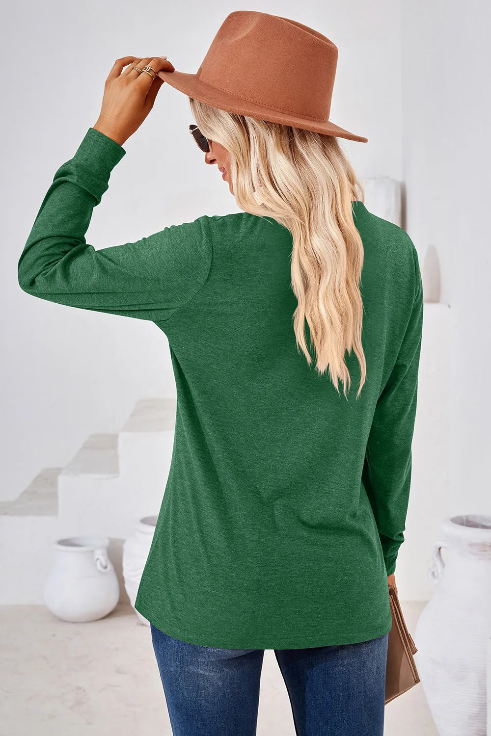 t-shirt, pullover, long sleeve, notch neck, buttoned, opaque, slightly stretchy, back view