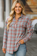 Shirt, long sleeve, collared, buttoned, oversized, front flap pockets, plaid print, no stretch, front view