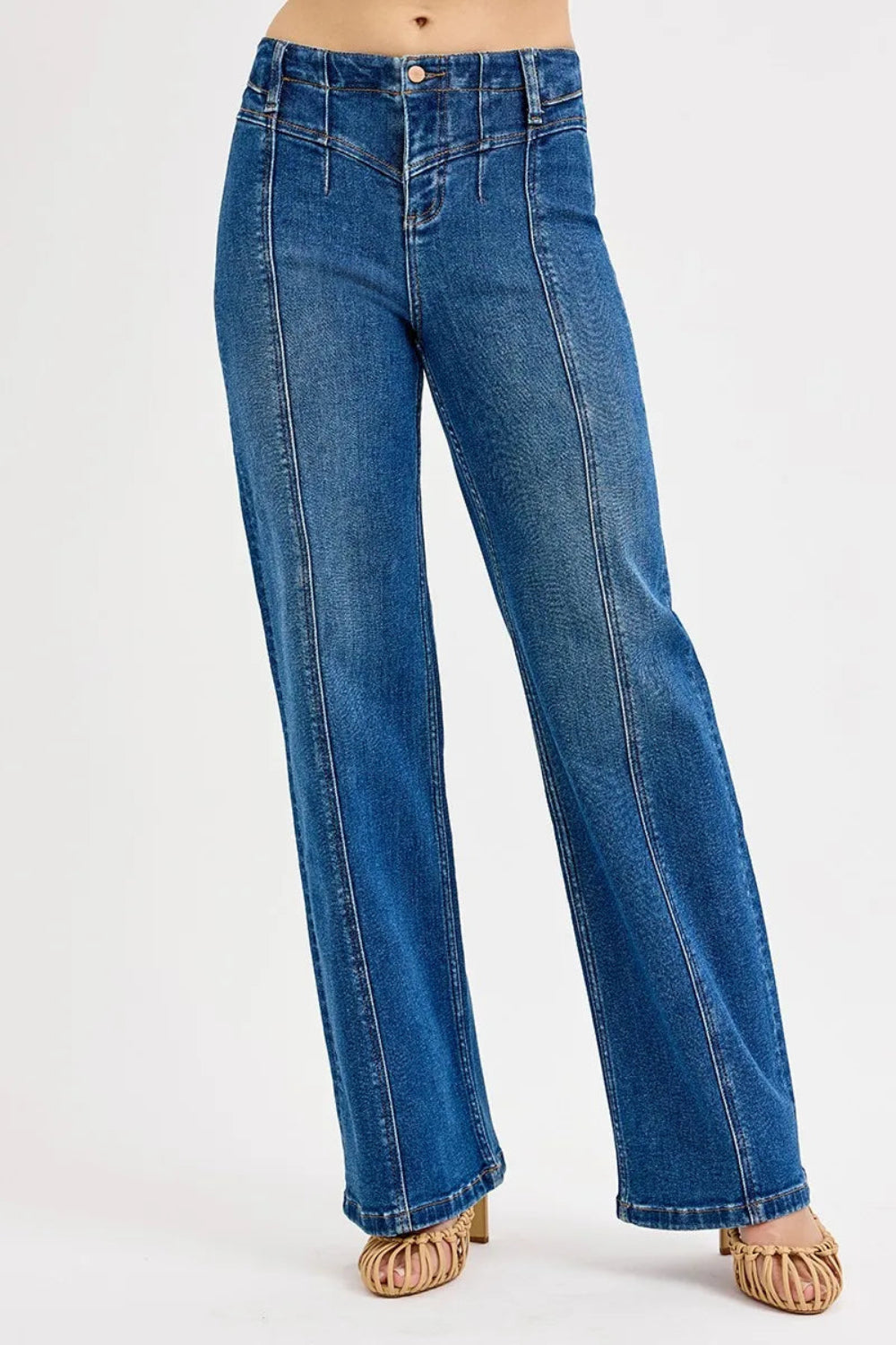 Risen jeans, high-rise, wide leg, dark wash, reinforced stitching, button-zipper closure, belt loop detail, slightly stretchy, front view