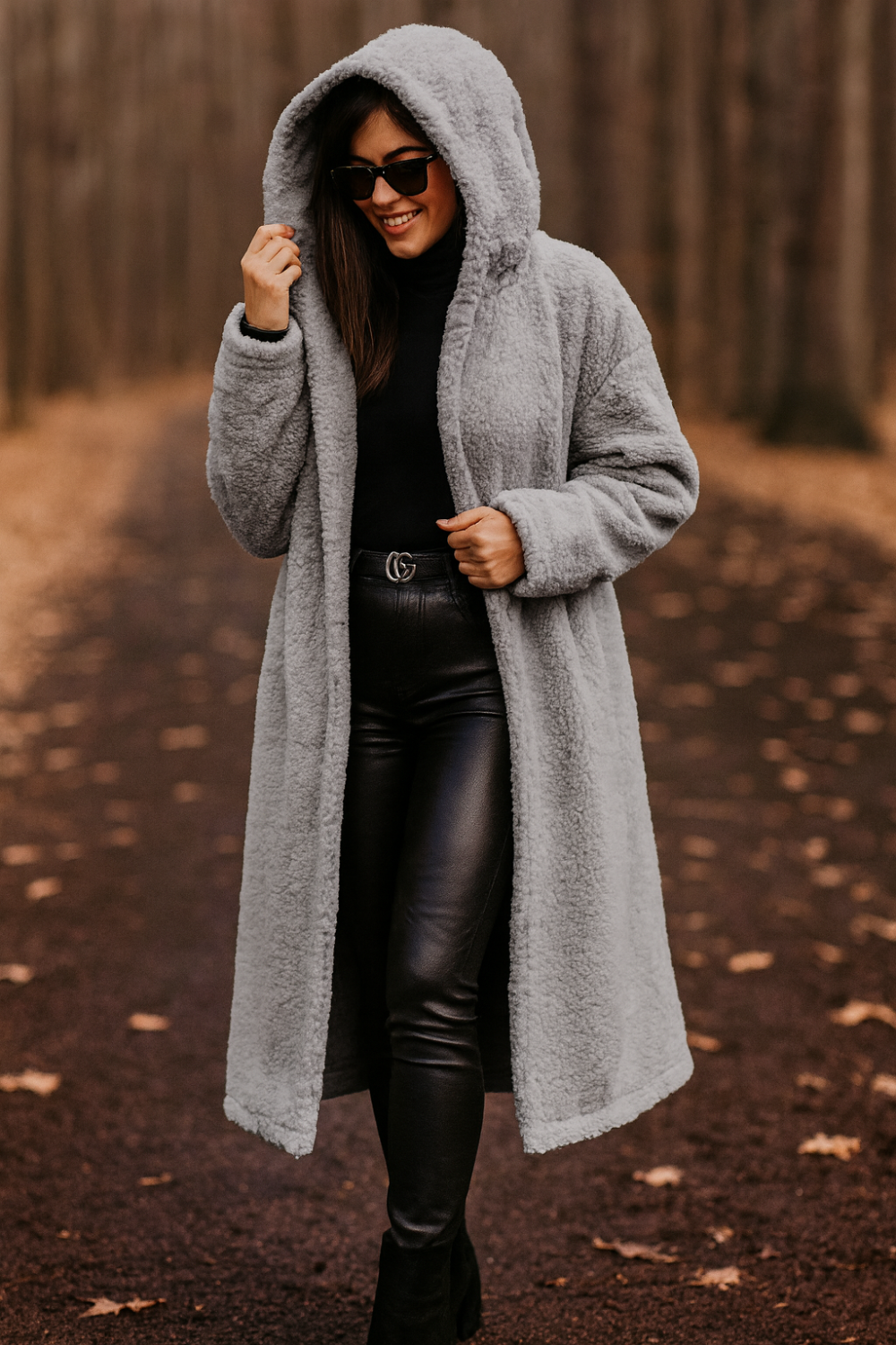 coat, longline, lined, hooded, buttoned, pocketed, thick, oversized, slightly stretchy, front view