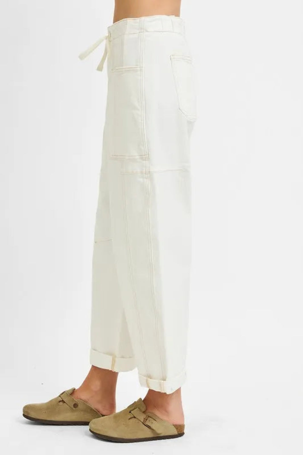 Risen Jeans, full size, high rise, cropped, wide leg, barrel leg, adjustable, drawstring tie, elastic waist, front patch pockets , back pockets, cuffed hem, washed, double side seam, stretchy, side view