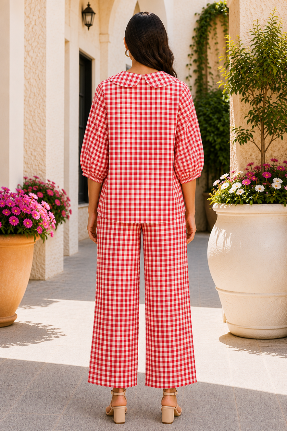  Two-piece pant set
* Gingham print
* Peter Pan collar
* Button down
* Half puff sleeves
* Elastic drawstring waist
* Pocketed
* Slightly stretchy