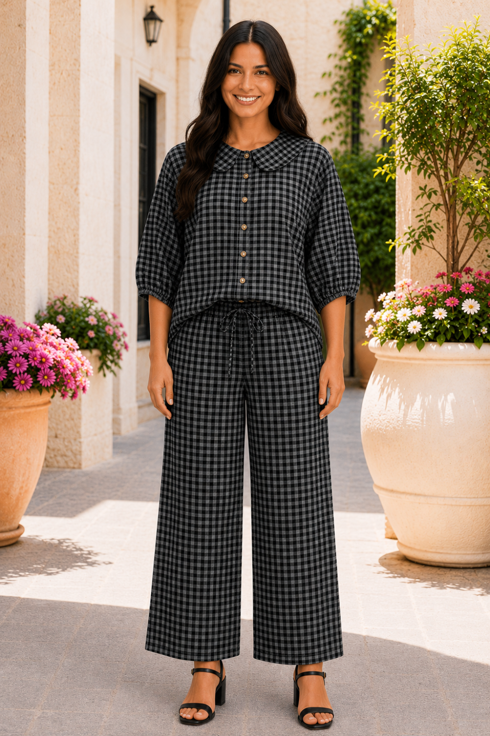  Two-piece pant set
* Gingham print
* Peter Pan collar
* Button down
* Half puff sleeves
* Elastic drawstring waist
* Pocketed
* Slightly stretchy
