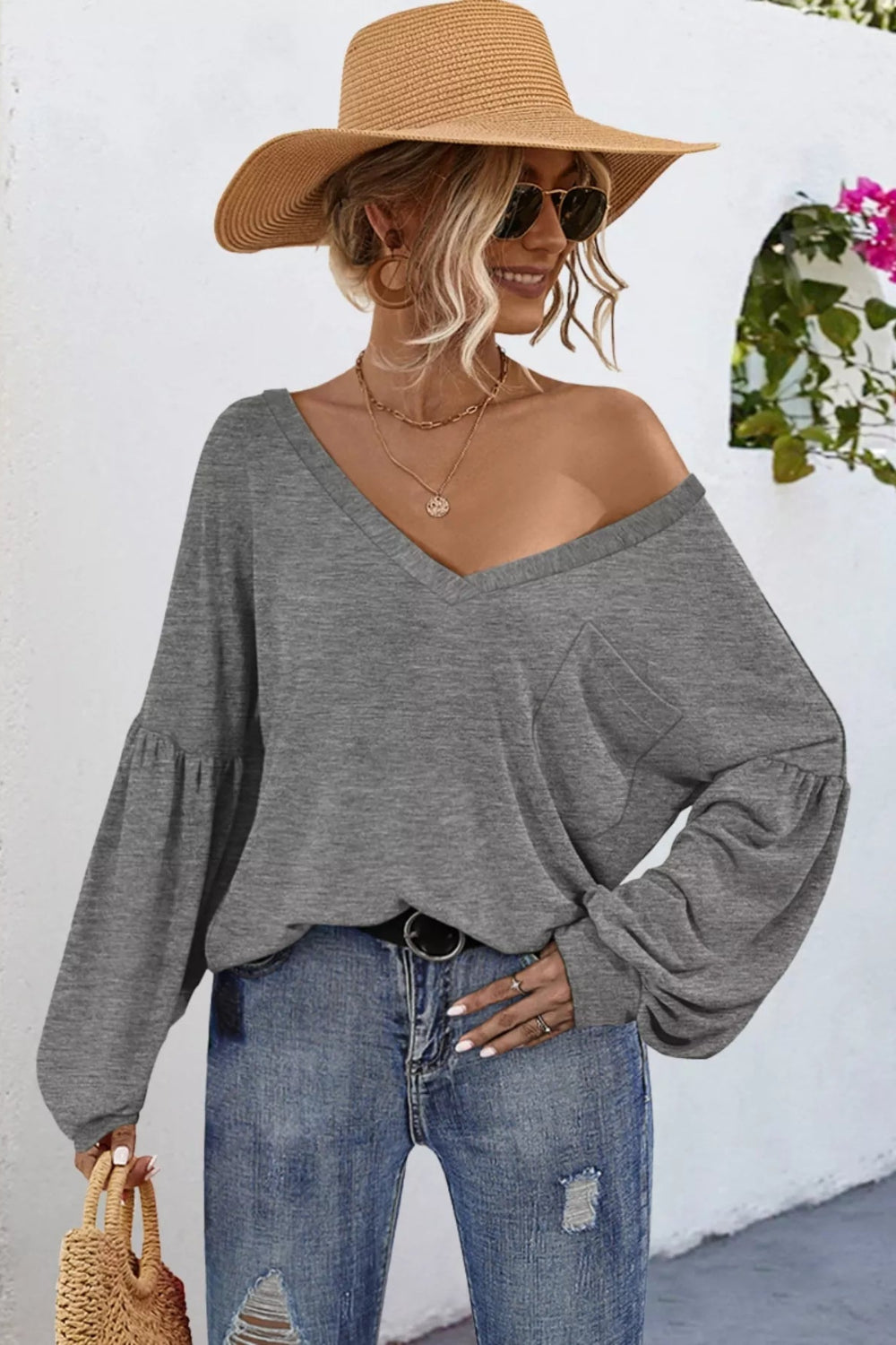 Blouse, Oversized, V-neck, Long sleeve, Drop shoulder, puff sleeve, front pocket, cuffed, v-back, sits below the waist, stretchy, front view