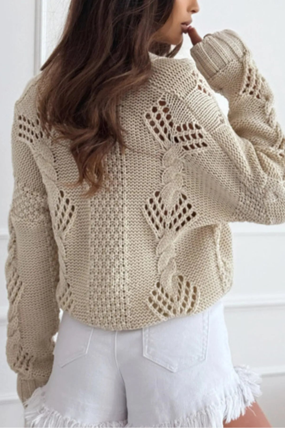Cardigan, long sleeve, drop shoulder, openwork, cable knit, v-neck, buttoned, no stretch back view