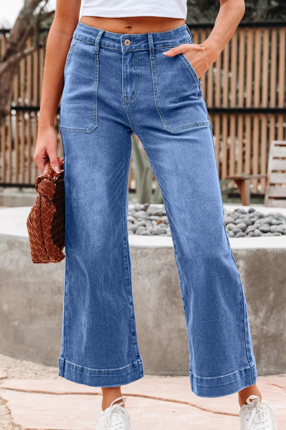 Jeans, wide leg, high-rise, flared, medium wash, cropped, button/zipper closure, belt loops, pocketed, wide hem, stretchy, front view