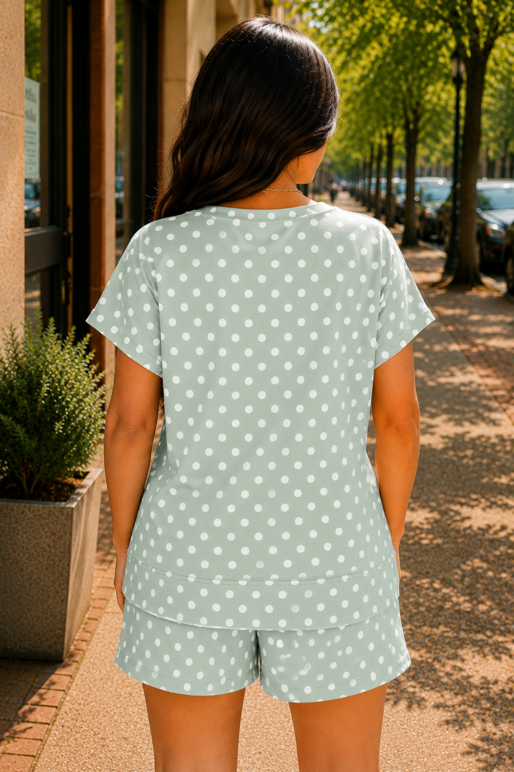 * Two-piece set
* Round neck
* Drop shoulder
* Cap sleeve
* Wide band
* Polka dot print
* Elastic waist
* Pocketed
* Slightly stretchy