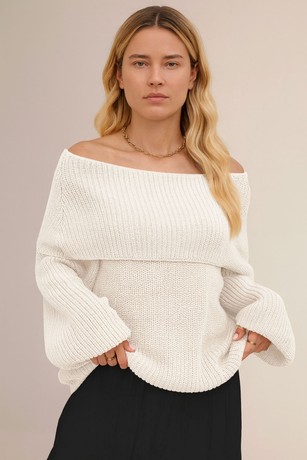 Sweater, pullover, fold over collar, long sleeve, oversized, ribbed knit, slightly stretchy, front view