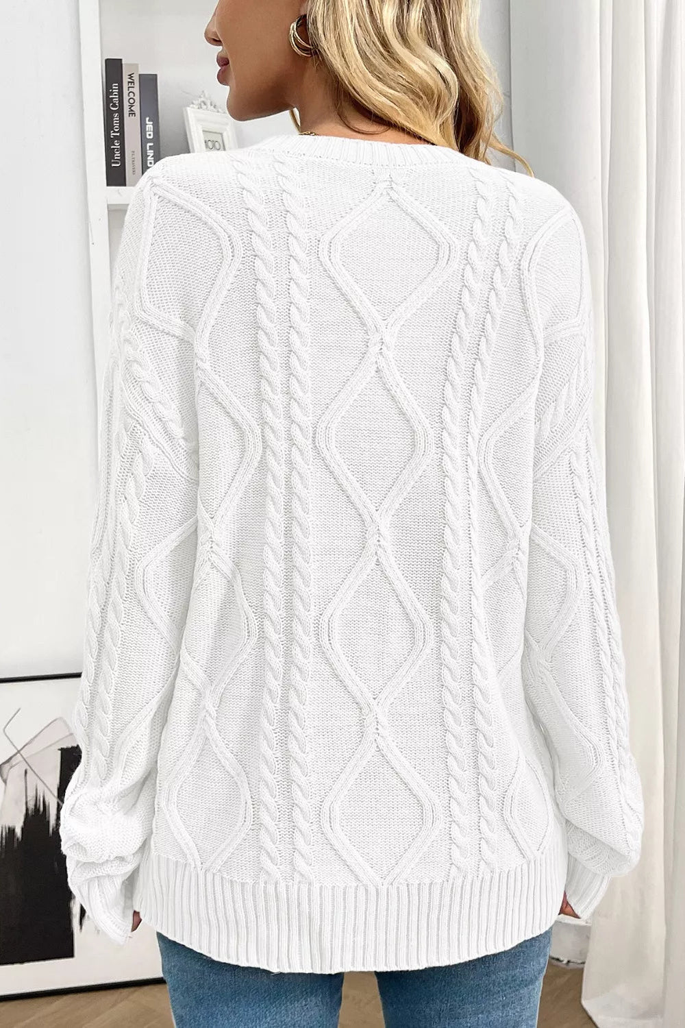 sweater, long sleeve, round neck, ribbed cuff and neck, drop shoulder, cable-knit, soft, stretchy, back view