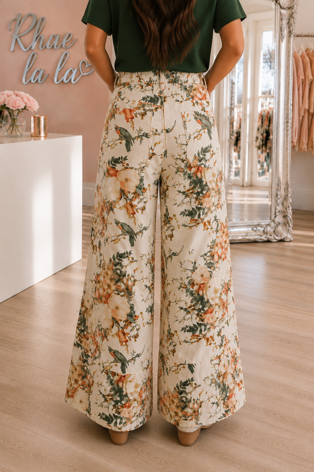 * Vintage floral print jeans
* High waist
* Button/zipper closure
* Belt loops
* Front/back pockets
* Elastic waist in back
* Wide leg
* Ruffled
* Slightly stretchy