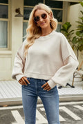 Sweater, pullover, drop shoulder, long sleeve, bishop sleeves, exposed seam, ribbed, round neck, stretchy, front view

