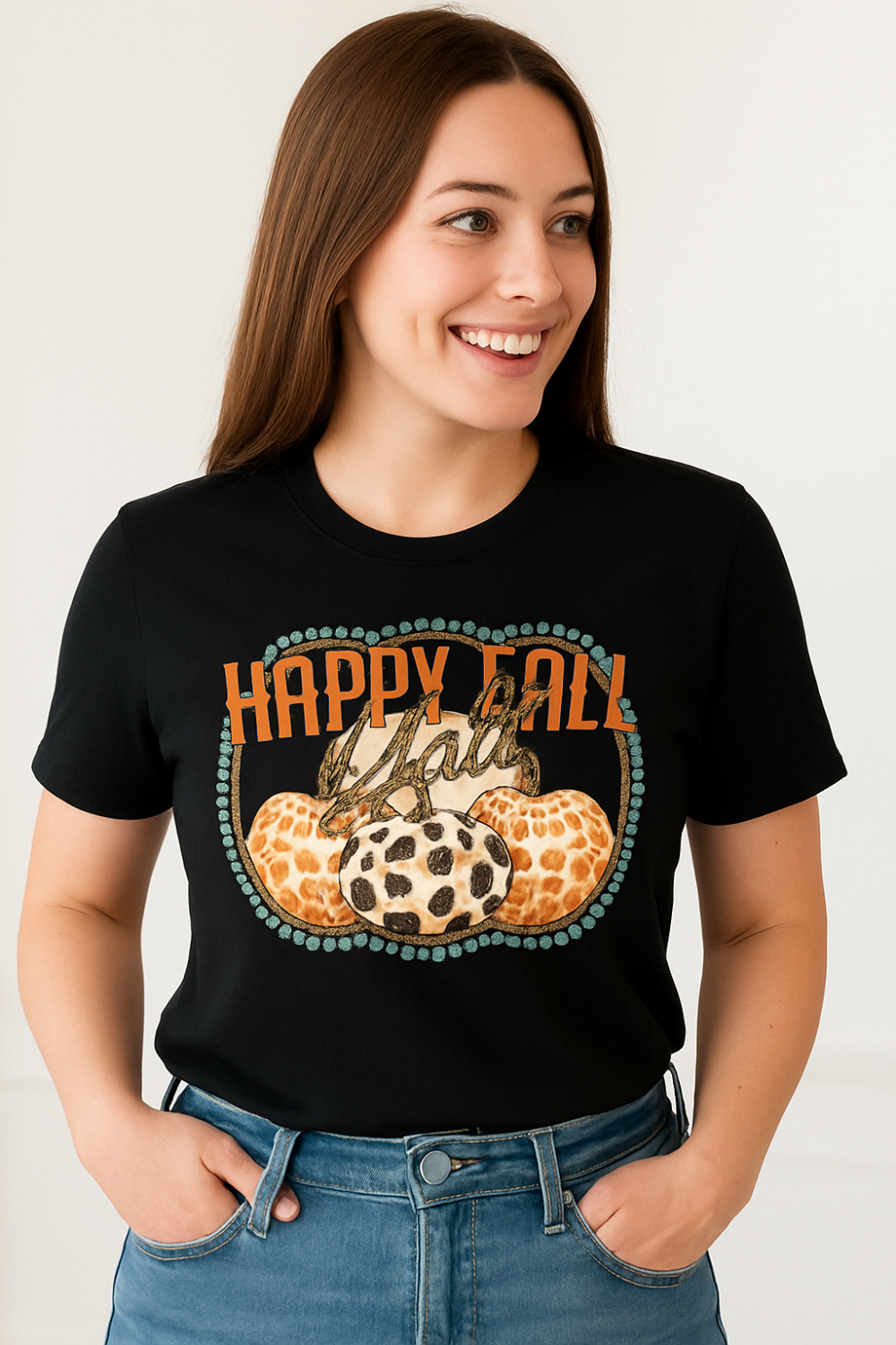 T-shirt, graphic, short sleeve, crew neck,  DTF print, Happy Fall Y'all graphics, stretchy , front view