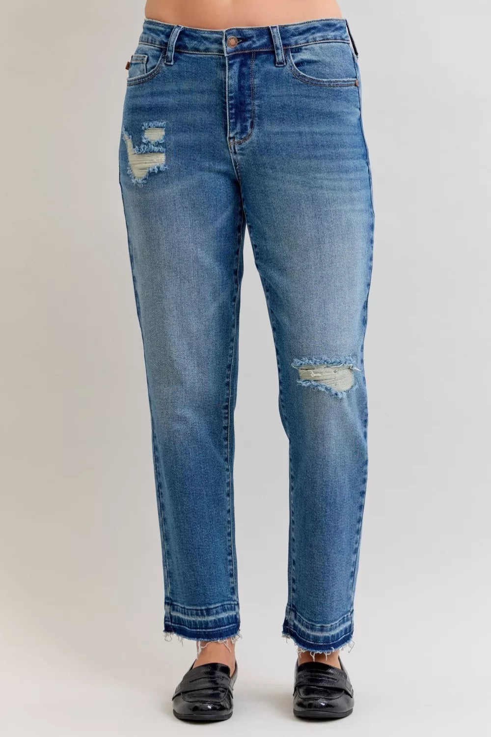 Judy Blue Jeans, full-size, mid-rise, boyfriend, patch & repair, distressed, release hem, raw hem, medium wash, button/zipper closure, belt loops, pocketed, slightly stretchy, front view