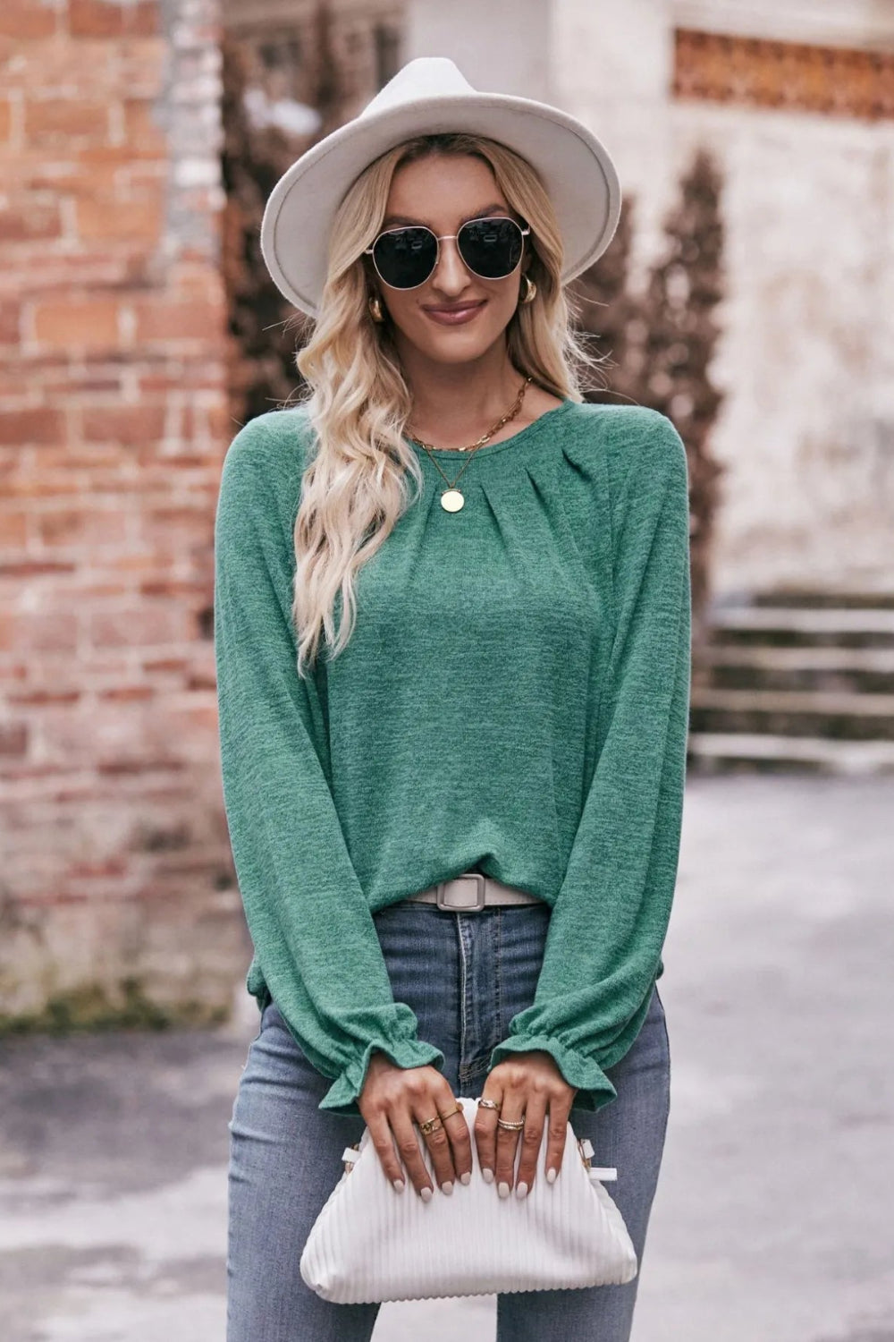 T-shirt, long sleeve, pullover, ruched, round neck, ruffled wrist, long, stretchy, front view