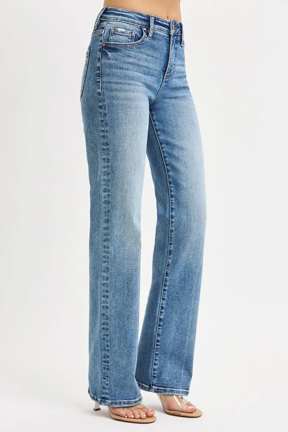 Risen jeans, full-size, high-rise, tummy control, straight leg, 5-pocket detail, button-zipper closure, belt loop detail, medium vintage wash, slightly stretchy, side view