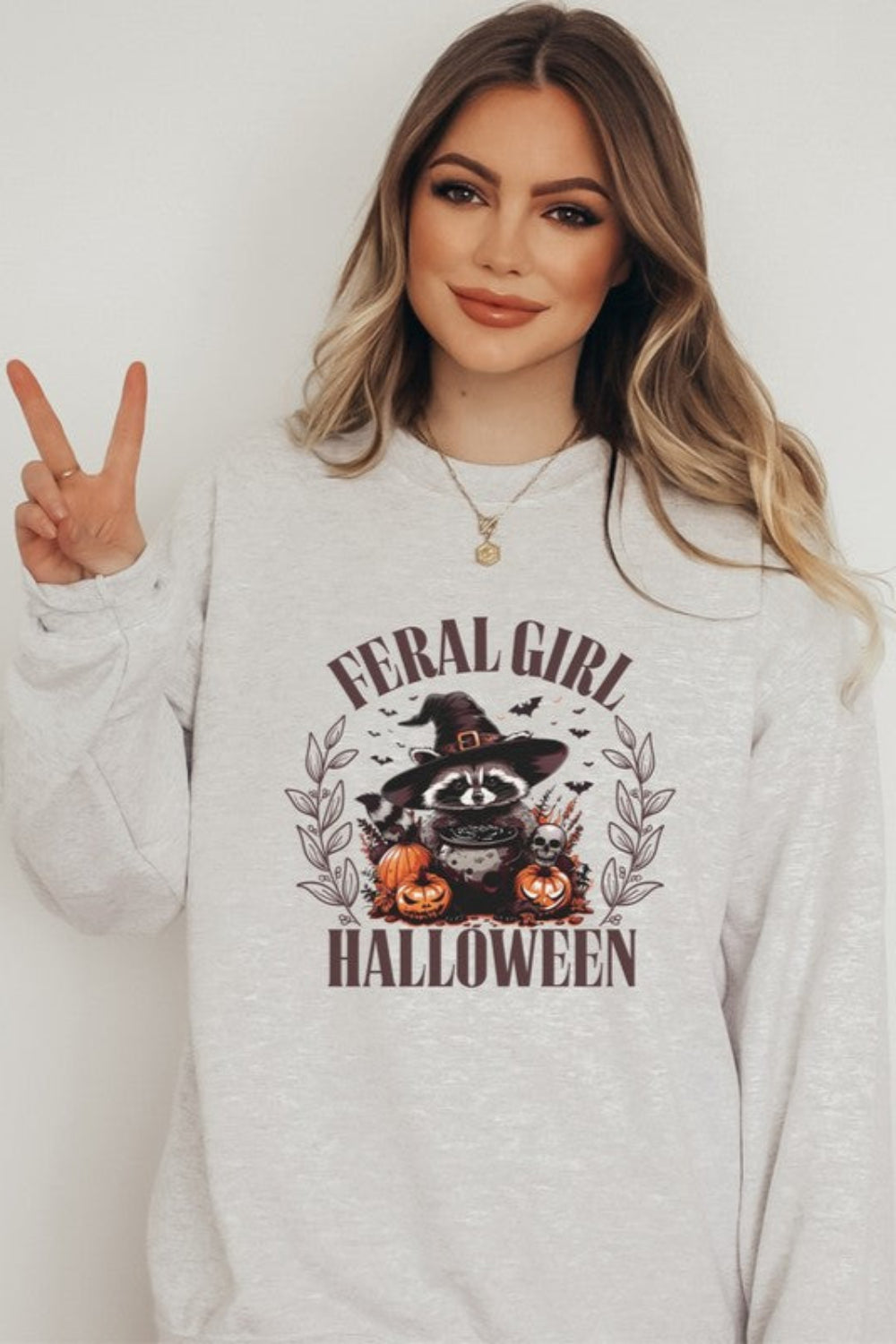 Graphic Halloween sweatshirt, pullover, drop shoulder, long sleeve, crew neck, oversized, slightly stretchy, front view