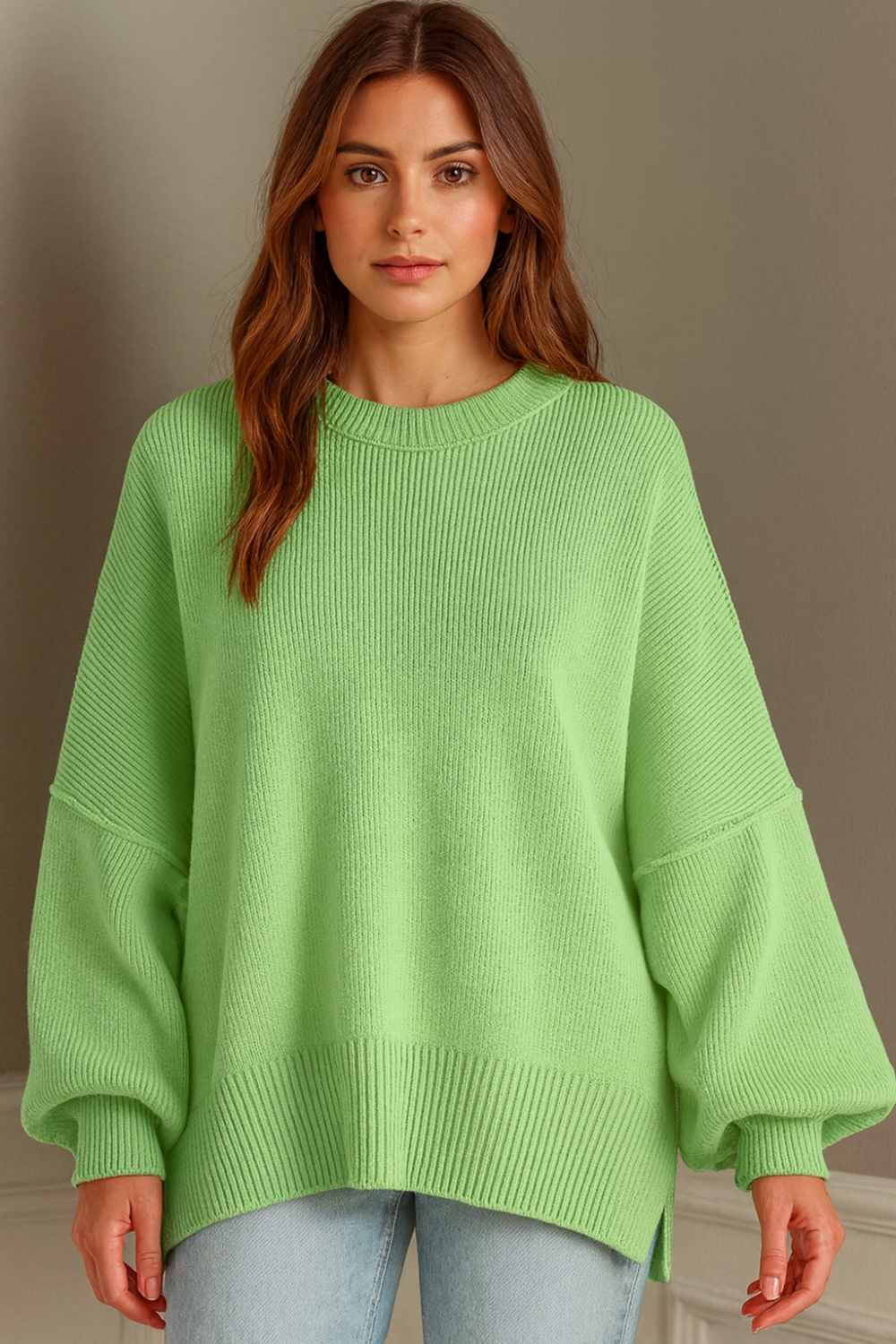 Sweater, oversized, drop shoulder, round neck, exposed seam, long, side slit, ribbed, stretchy front view
