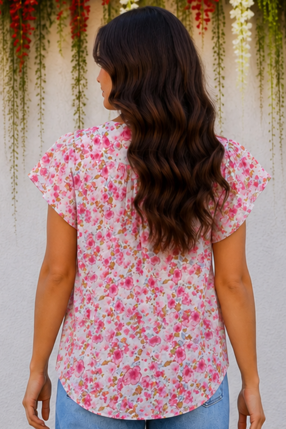 * Pullover
* V-neck
* Flutter sleeve
* Round hem
* Floral print
* No stretch