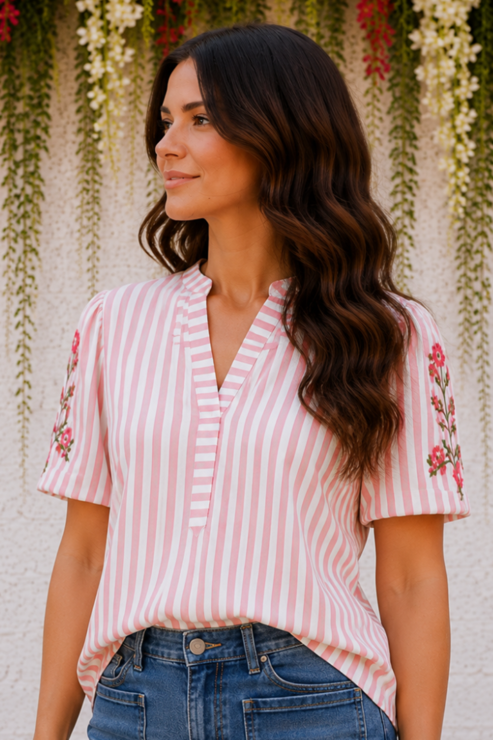 * Pullover
* Notch neck
* Puff sleeve
* Embroidered floral
* Stripe print
* Textured
* Wide hem
* No stretch