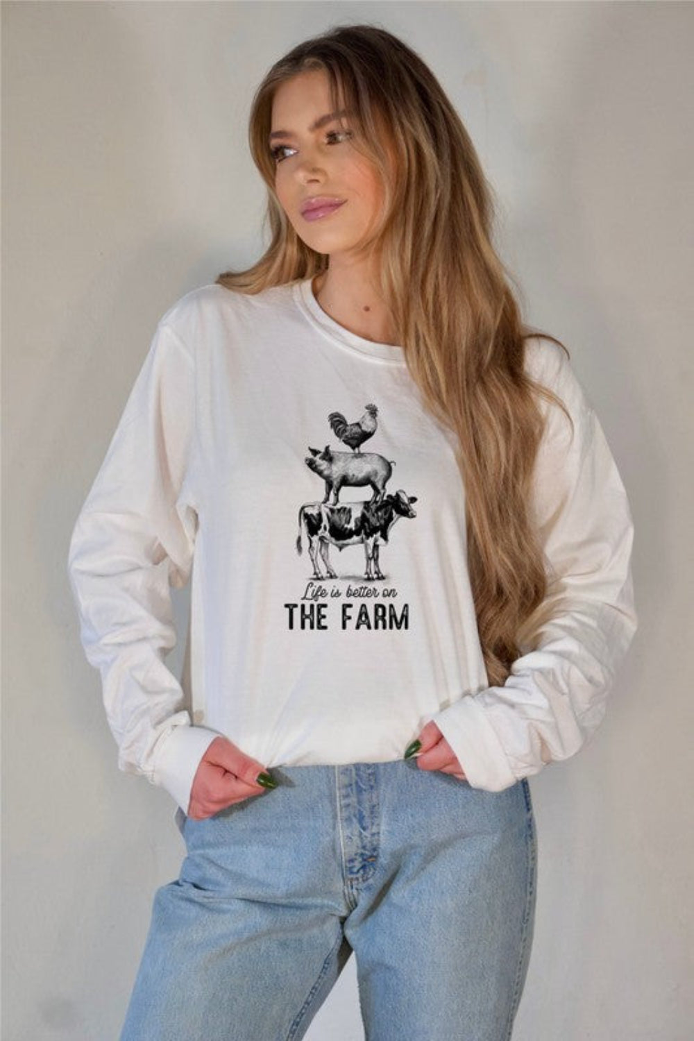 Graphic t-shirt, long sleeve, round neck, drop shoulder, oversized, front view