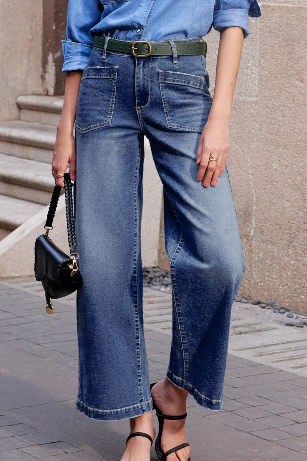 Jeans, high-waist, patch pocket, straight leg, raw hem, pocketed, belt loops, button/zipper closure, vintage wash, some stretch, front view