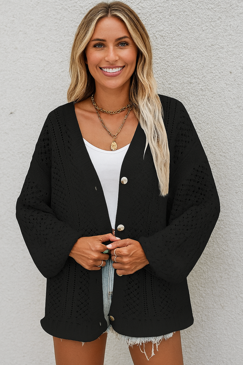 Cardigan, long sleeve, openwork, buttoned, oversized, drop shoulder, stretchy front view