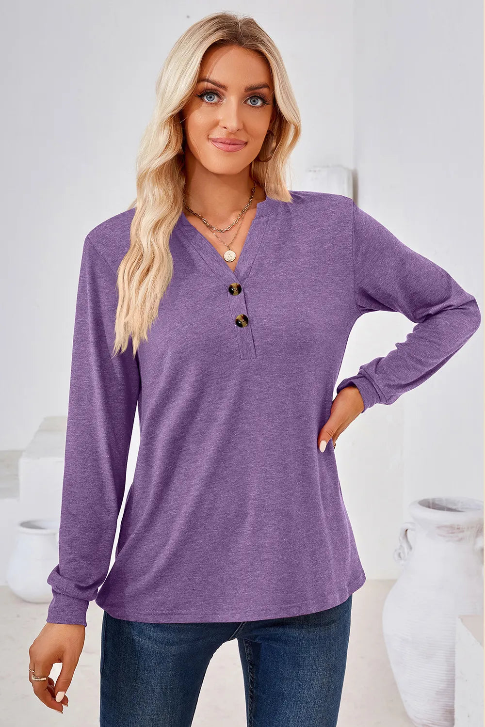 t-shirt, pullover, long sleeve, notch neck, buttoned, opaque, slightly stretchy, front view