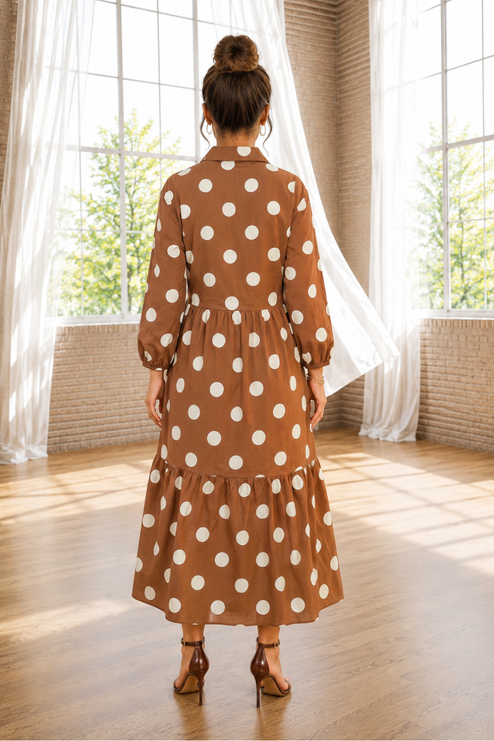 * Midi dress
* Polka dot print
* Collared neck
* Buttoned
* Long sleeve
* High waist
* Ruffled
* Shift style
* Pocketed
* Unlined
* No stretch
