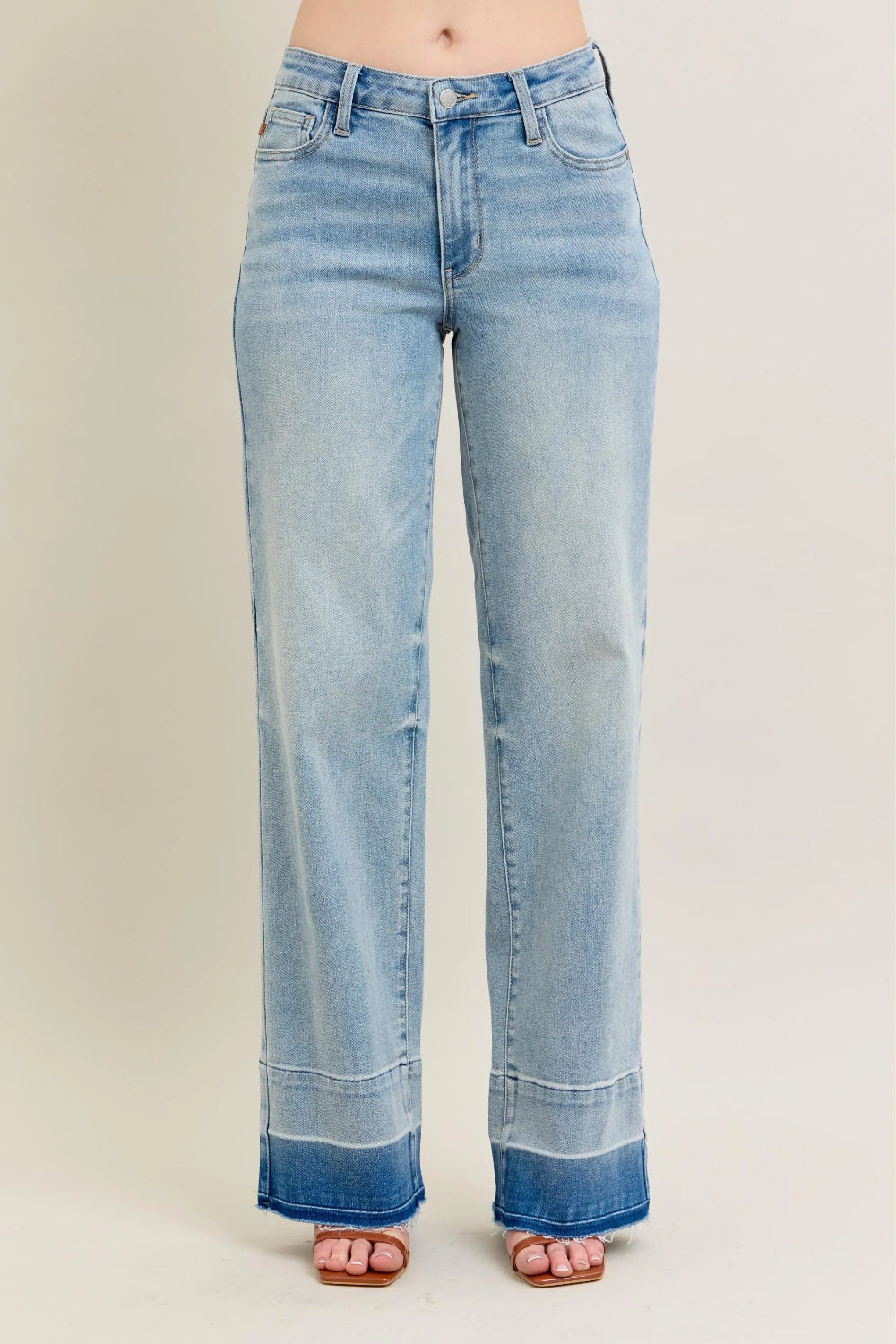 JUDY BLUE FULL-SIZE MID-RISE RELEASE HEM WIDE LEG JEANS