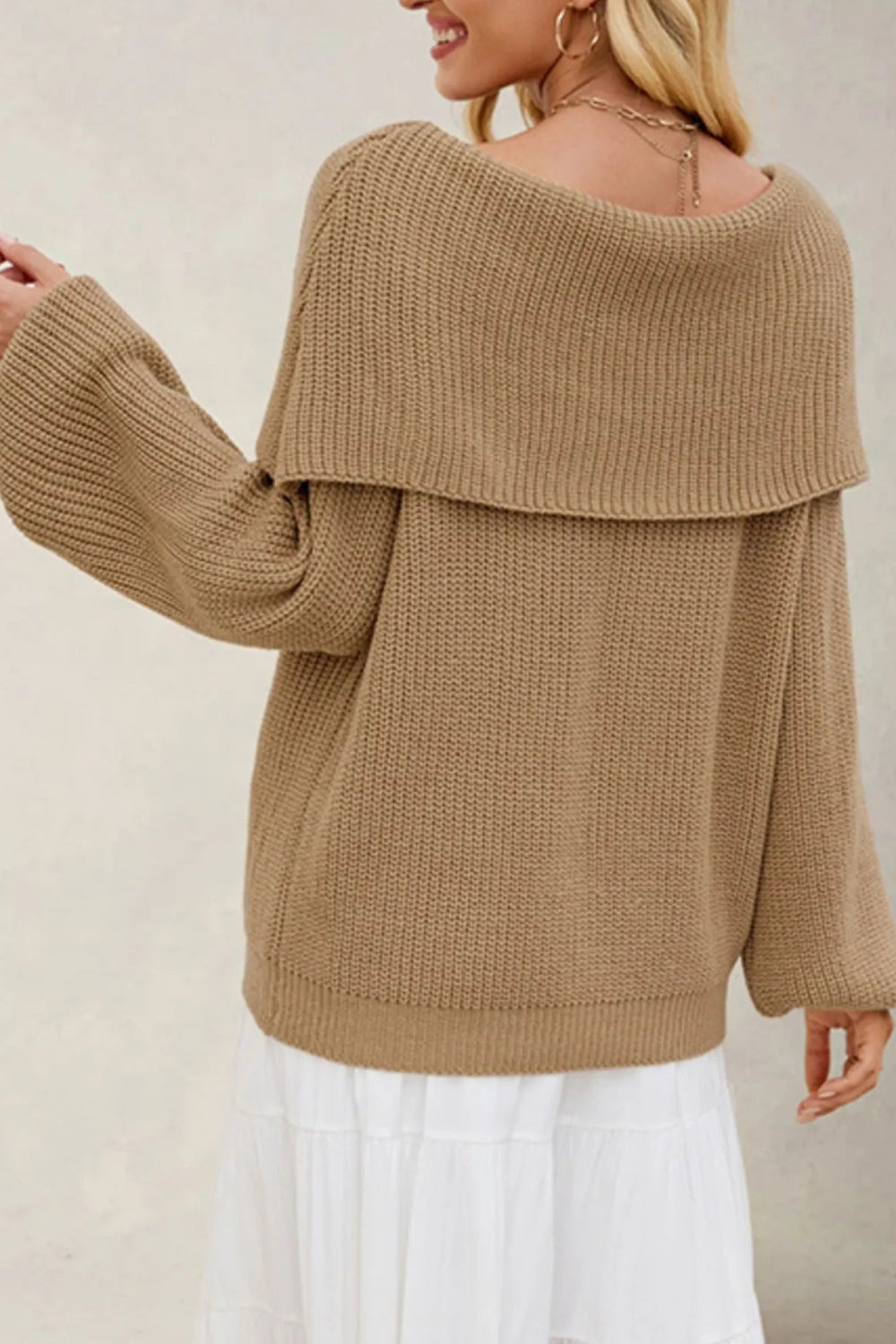 Sweater, pullover, fold over collar, long sleeve, oversized, ribbed knit, slightly stretchy, back view