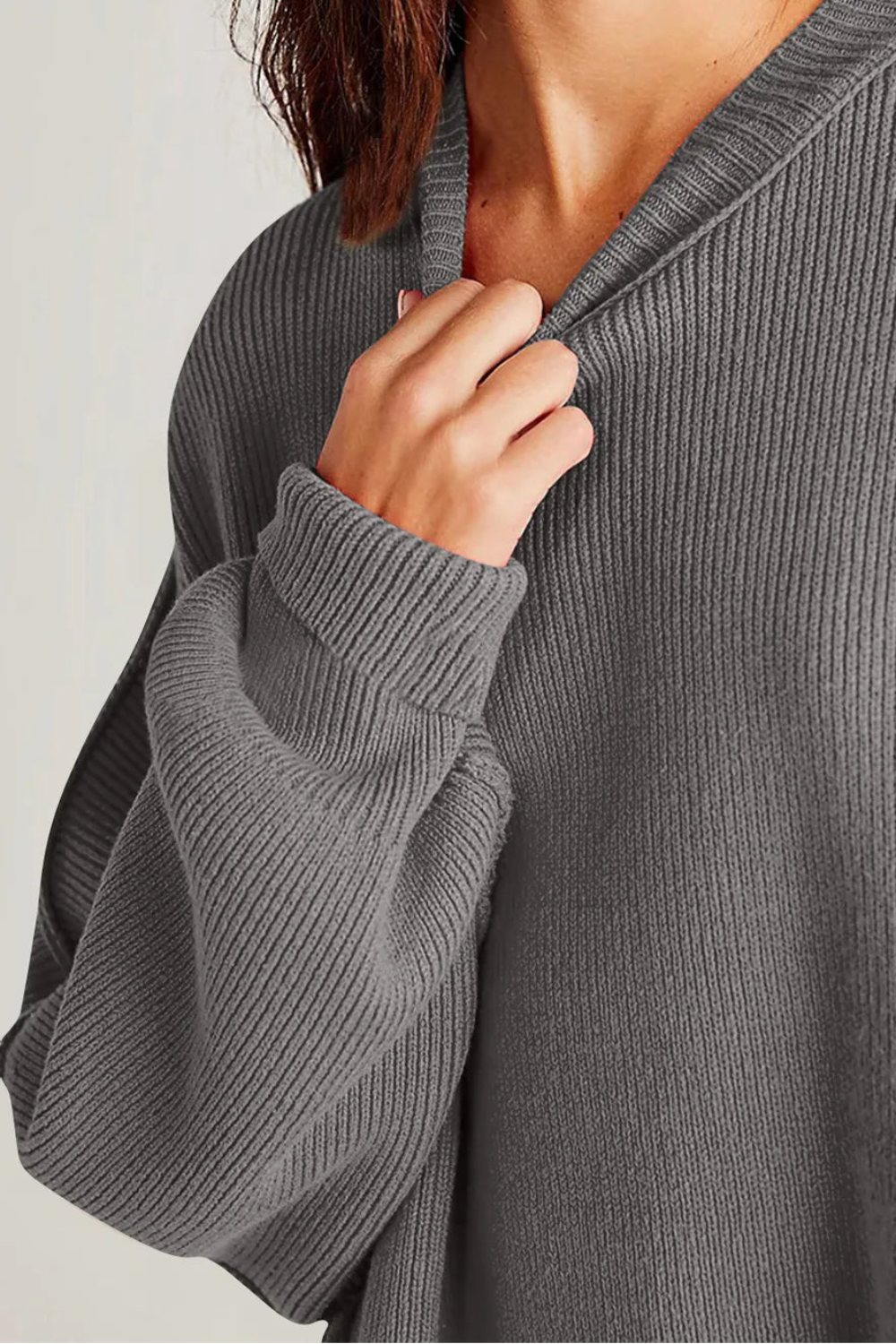 Sweater, oversized, drop shoulder, round neck, exposed seam, long, side slit, ribbed, stretchy front view
