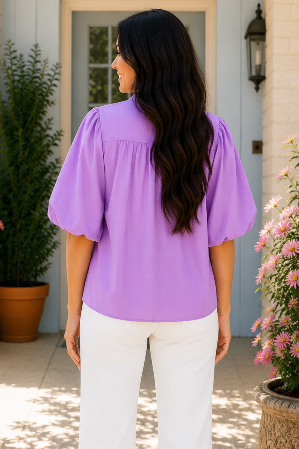 * Notched neck
* Half puff sleeve
* Pleated
* No stretch
