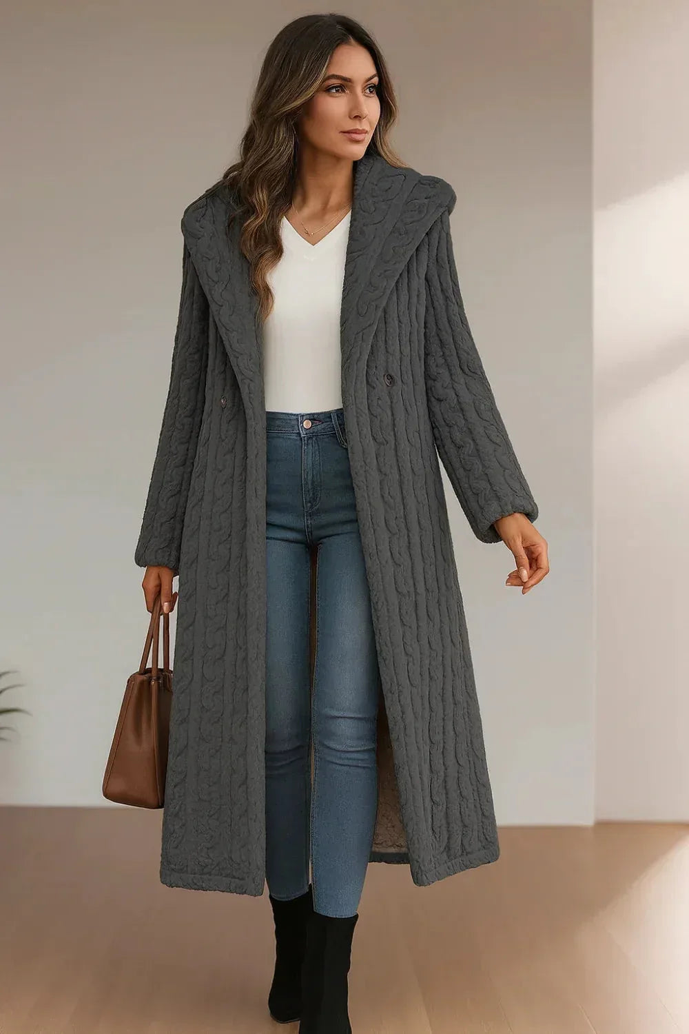 Longline coat, hooded, buttoned, pocketed, thick, lined, oversized, cable-knit design, some stretch, front view