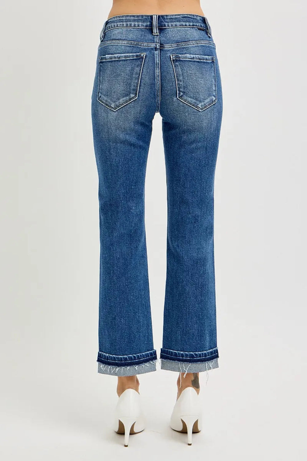 Risen Jeans, mid-rise, 5-pocket construction, button/zip closure, medium vintage wash, belt loop waistband, straight leg, cuffed, slightly stretchy, back view