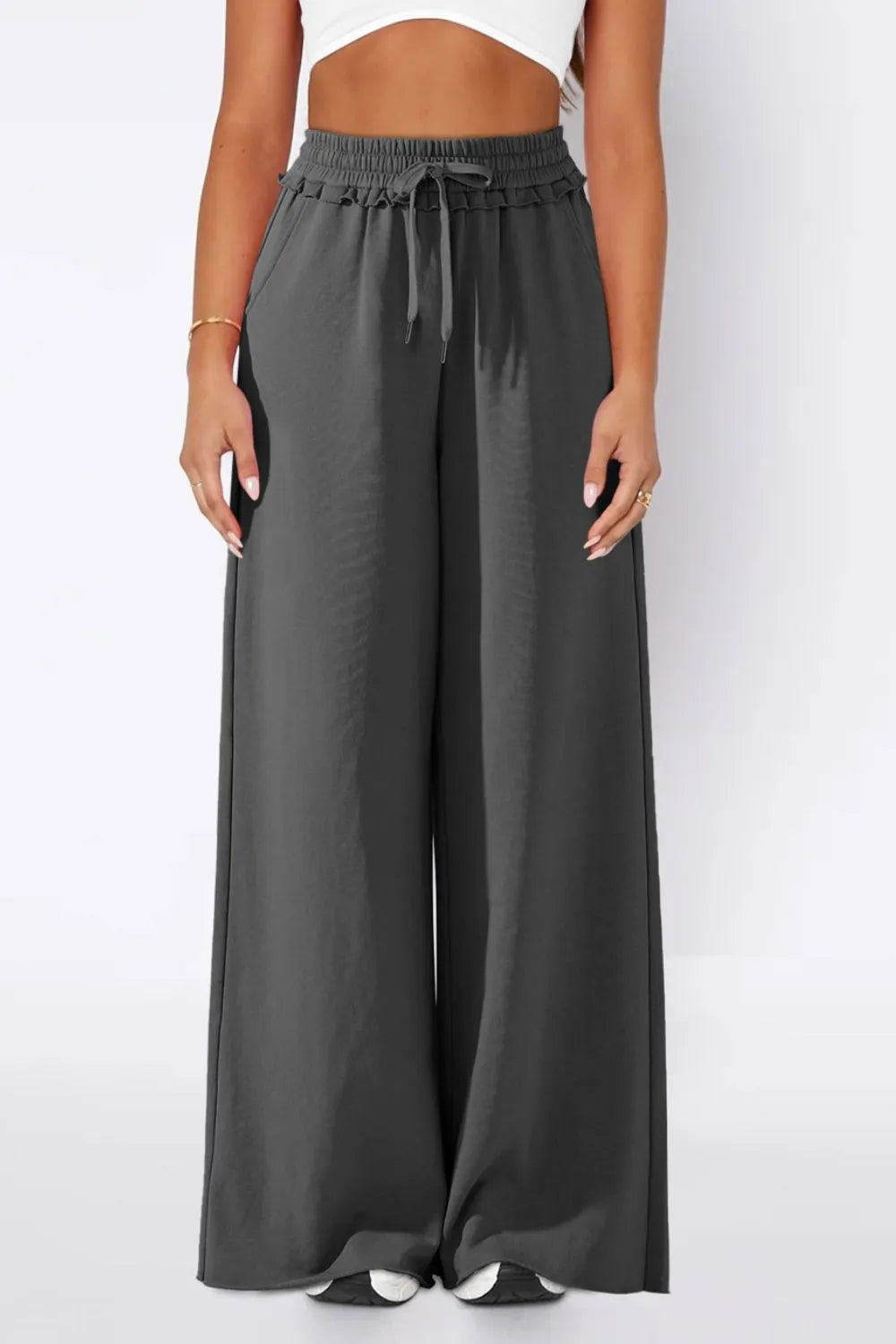 Pants, high waist, drawstring, elastic waist, opaque, frill, wide leg, pocketed, no stretch front view