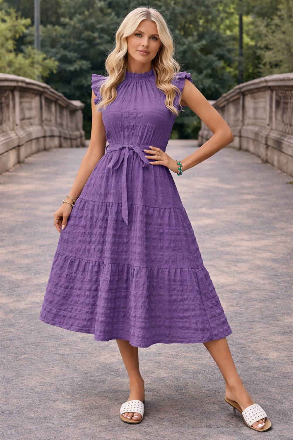 * Midi dress
* Round neck
* Cap sleeves
* Tied
* Ruffled
* Opaque
* Keyhole closure
* Unlined
* No Stretch