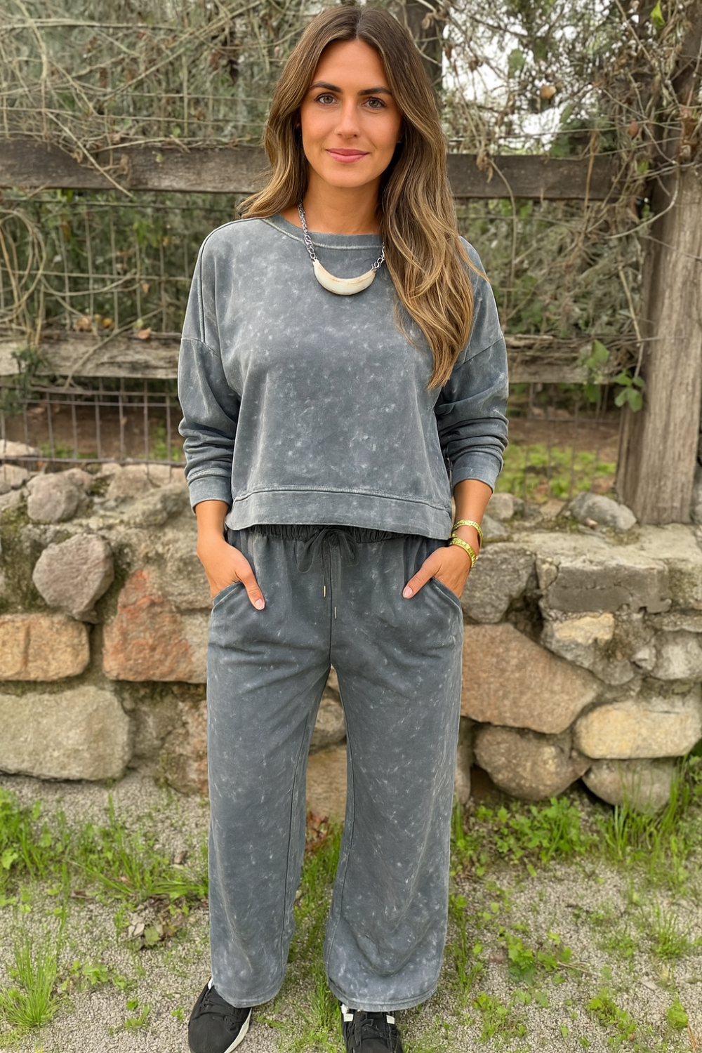 Two-piece pant set, pullover, long sleeve, drop shoulder, round neck, exposed seam,  side slit, elastic waist, drawstring, pocketed, stretchy, front view
